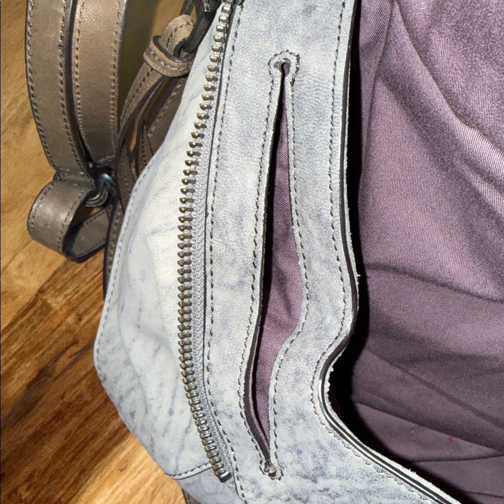 Kooba Jonnie Textured Gray Butter Leather With Taupe Trim Crossbody Bag - Picture 12 of 14